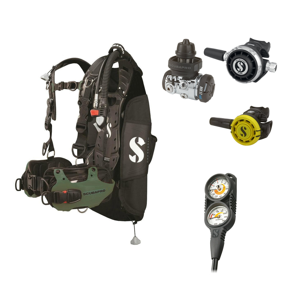 SCUBAPRO MK17 EVO2 / G260 regulator set with R105 octopus and Hydros Pro Mens BCD in army green, with Compact Combo 2