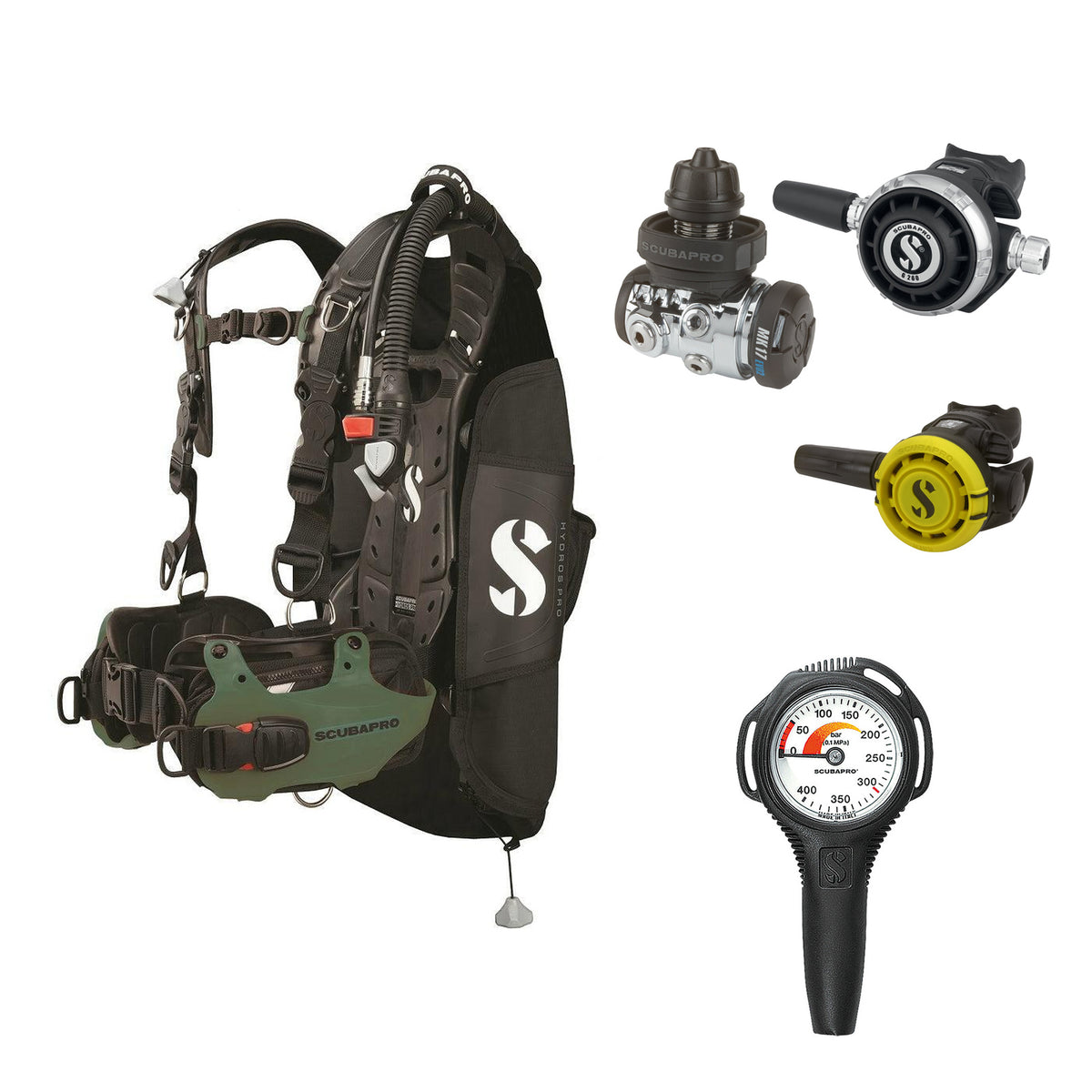 SCUBAPRO MK17 EVO2 / G260 regulator set with R105 octopus and Hydros Pro Mens BCD in army green, with Compact SPG