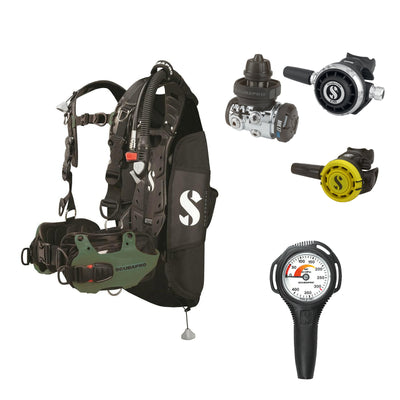 SCUBAPRO MK17 EVO2 / G260 regulator set with R105 octopus and Hydros Pro Mens BCD in army green, with Compact SPG