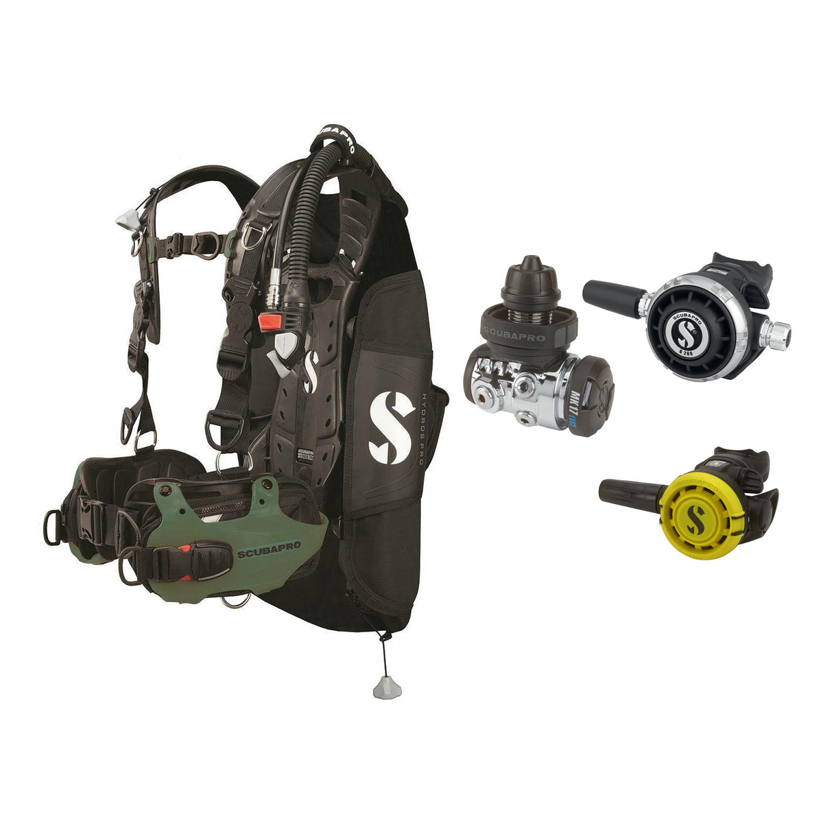 SCUBAPRO MK17 EVO2 / G260 regulator set with R105 octopus and Hydros Pro Mens BCD in army green