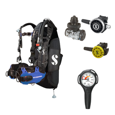 SCUBAPRO MK17 EVO2 / G260 regulator set with R105 octopus and Hydros Pro Mens BCD in blue, with Compact SPG