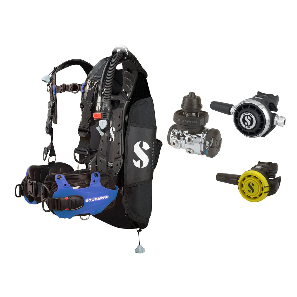 SCUBAPRO MK17 EVO2 / G260 regulator set with R105 octopus and Hydros Pro Mens BCD in blue