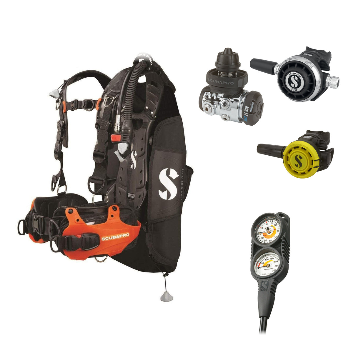 SCUBAPRO MK17 EVO2 / G260 regulator set with R105 octopus and Hydros Pro Mens BCD in orange, with Compact Combo 2