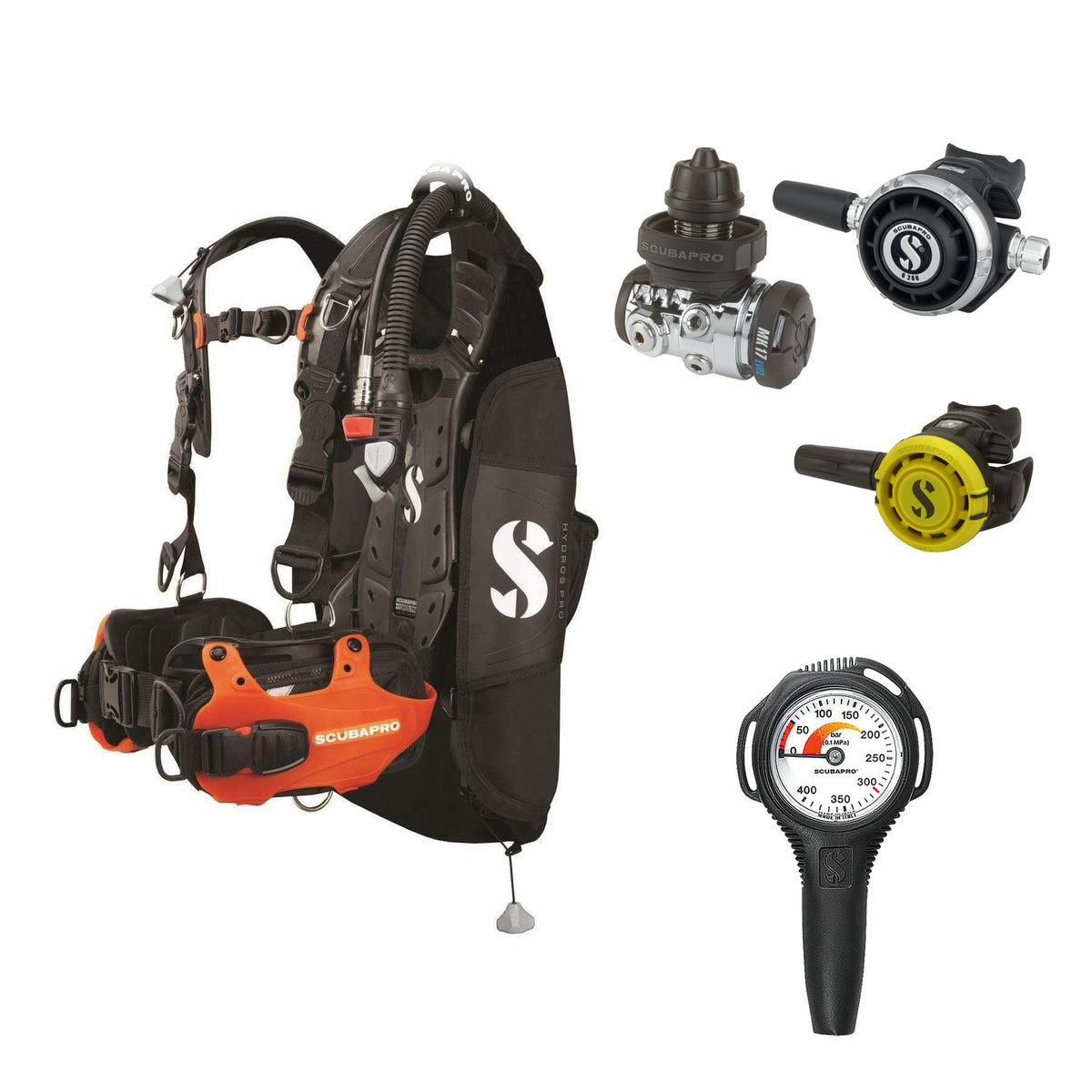 SCUBAPRO MK17 EVO2 / G260 regulator set with R105 octopus and Hydros Pro Mens BCD in orange, with Compact SPG
