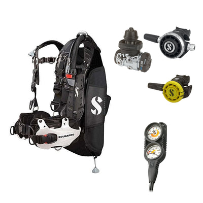 SCUBAPRO MK17 EVO2 / G260 regulator set with R105 octopus and Hydros Pro Mens BCD in white, with Compact Combo 2