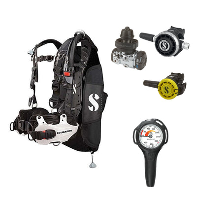 SCUBAPRO MK17 EVO2 / G260 regulator set with R105 octopus and Hydros Pro Mens BCD in white, with Compact SPG