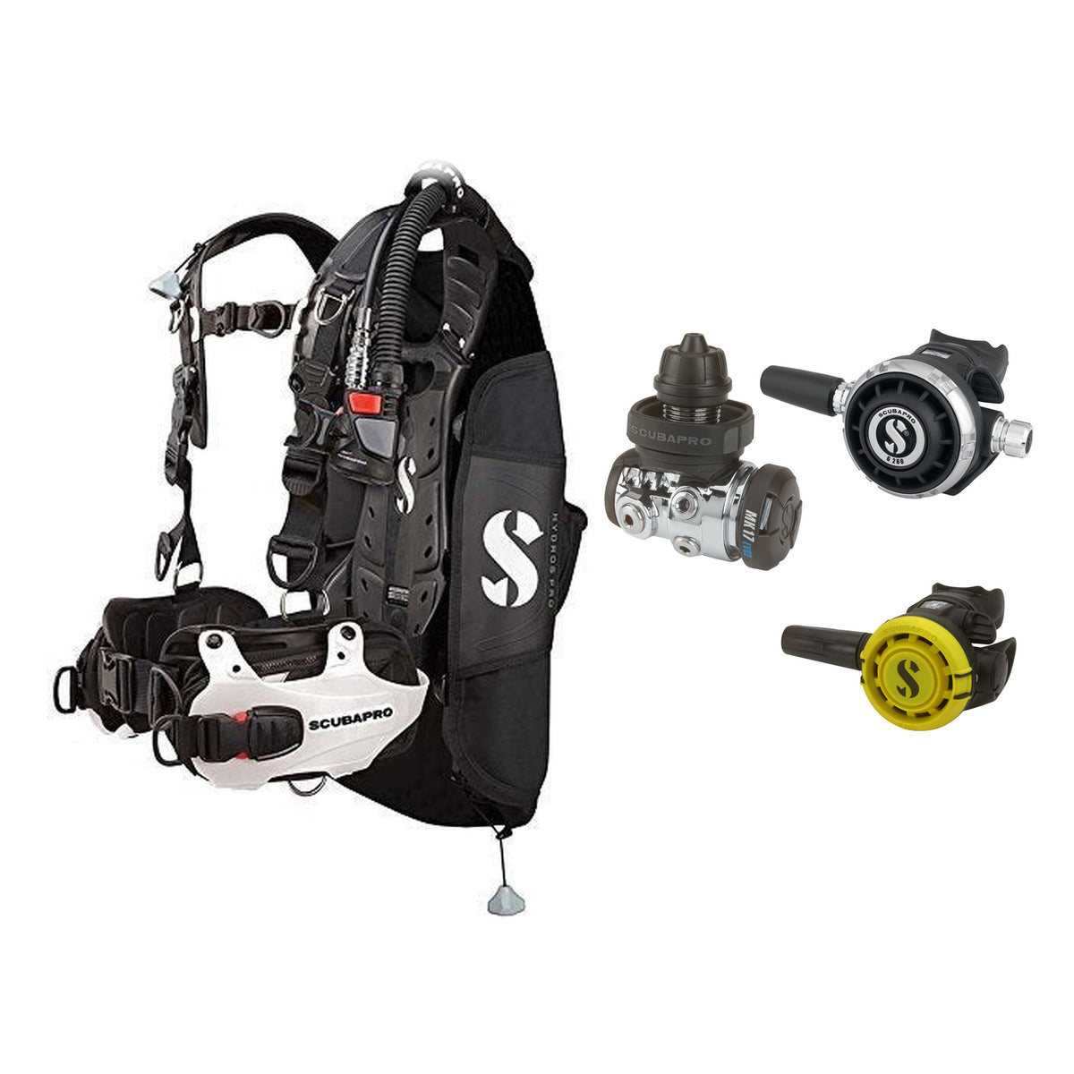 SCUBAPRO MK17 EVO2 / G260 regulator set with R105 octopus and Hydros Pro Mens BCD in white