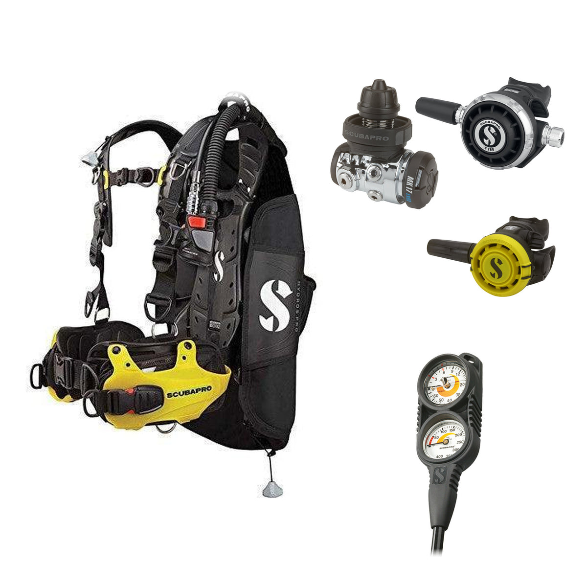 SCUBAPRO MK17 EVO2 / G260 regulator set with R105 octopus and Hydros Pro Mens BCD in yellow, with Compact Combo 2