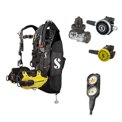 SCUBAPRO MK17 EVO2 / G260 regulator set with R105 octopus and Hydros Pro Mens BCD in yellow, with Compact Combo 2