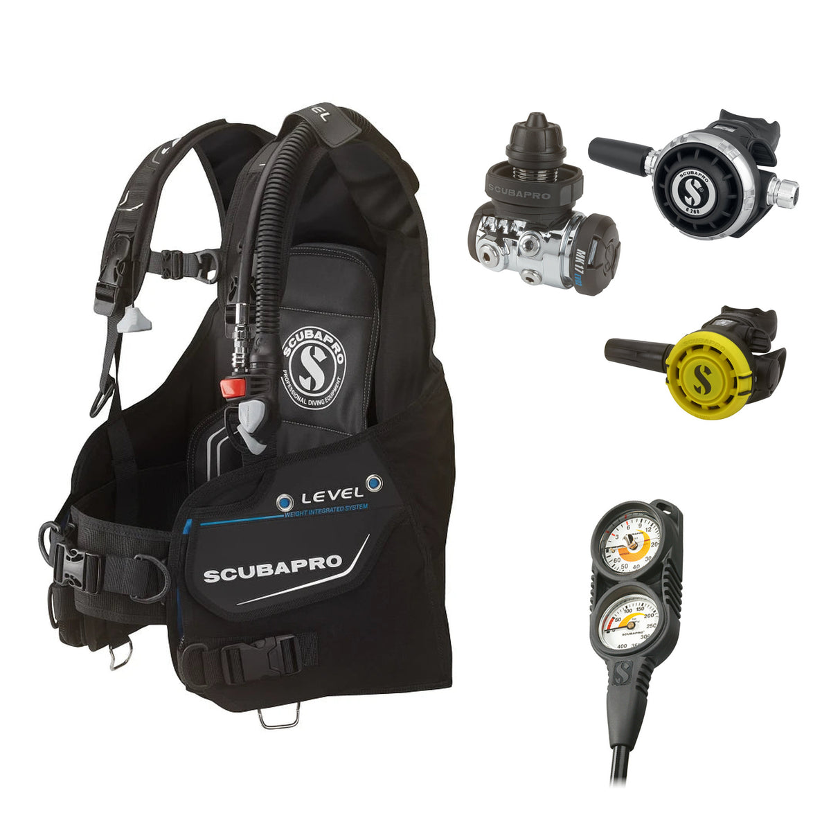 SCUBAPRO MK17 EVO2 / G260 regulator set with R105 octopus and Level BCD, with Compact Combo 2