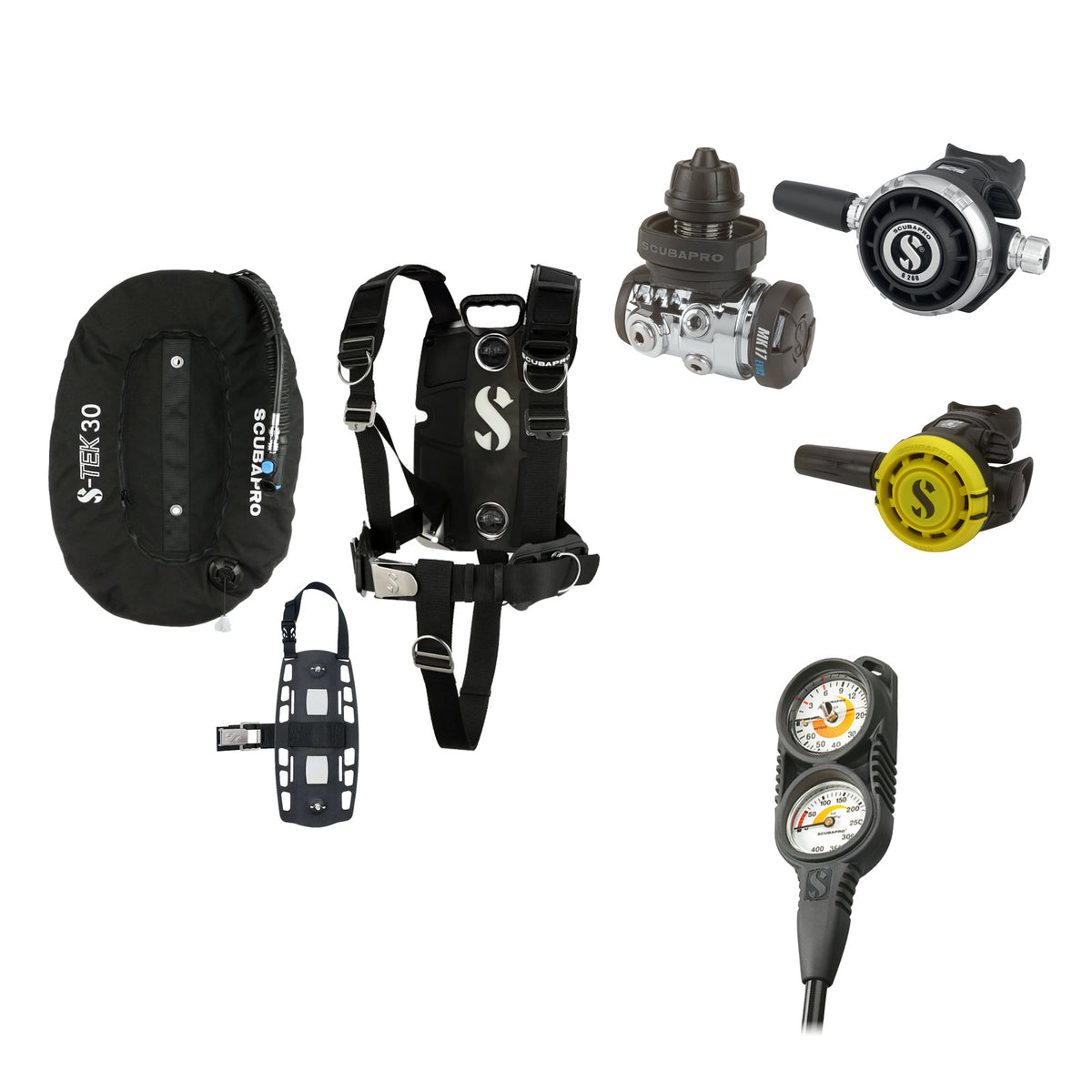 SCUBAPRO MK17 EVO2 / G260 regulator set with R105 octopus and S-TEK Pro BCD (stainless steel)