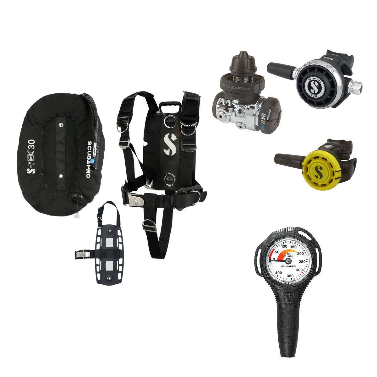 SCUBAPRO MK17 EVO2 / G260 regulator set with R105 octopus and S-TEK Pro BCD (stainless steel)