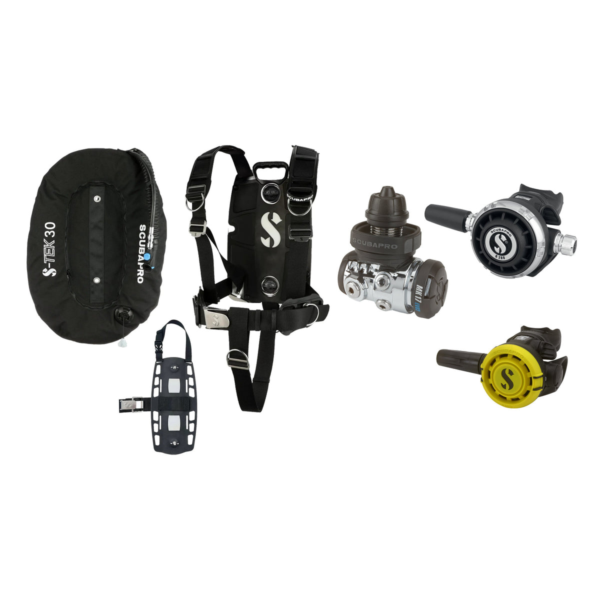 SCUBAPRO MK17 EVO2 / G260 regulator set with R105 octopus and S-TEK Pro BCD (stainless steel)