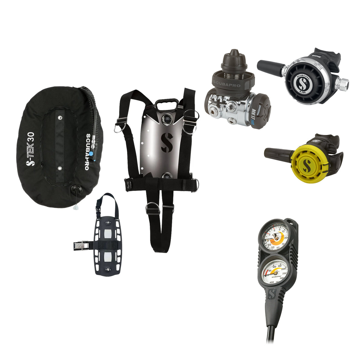 SCUBAPRO MK17 EVO2 / G260 regulator set with R105 octopus and S-TEK Pure BCD (stainless steel)