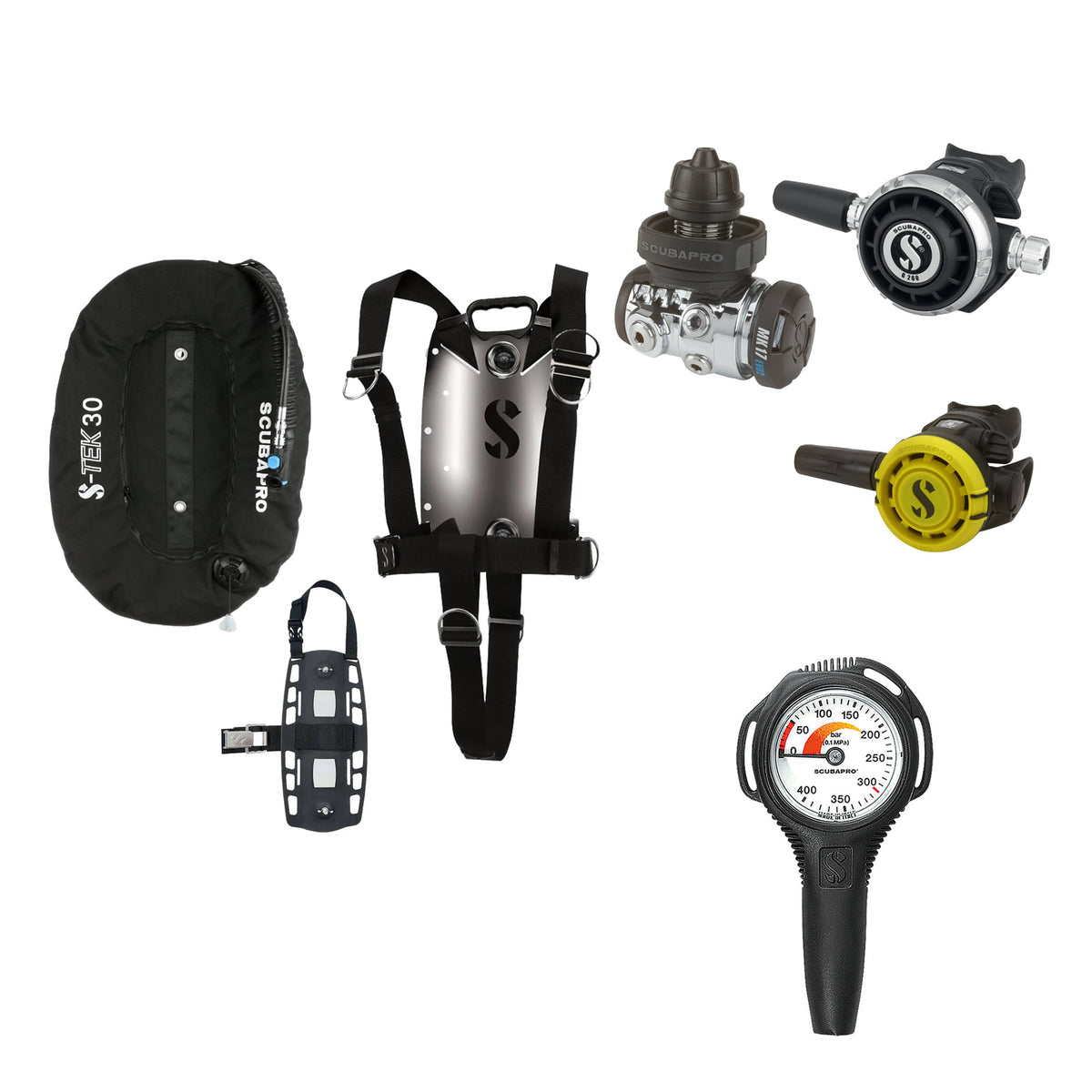 SCUBAPRO MK17 EVO2 / G260 regulator set with R105 octopus and S-TEK Pure BCD (stainless steel)