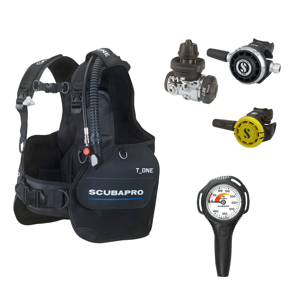 SCUBAPRO MK17 EVO2 / G260 regulator set with R105 octopus and T-One BCD, with Compact SPG