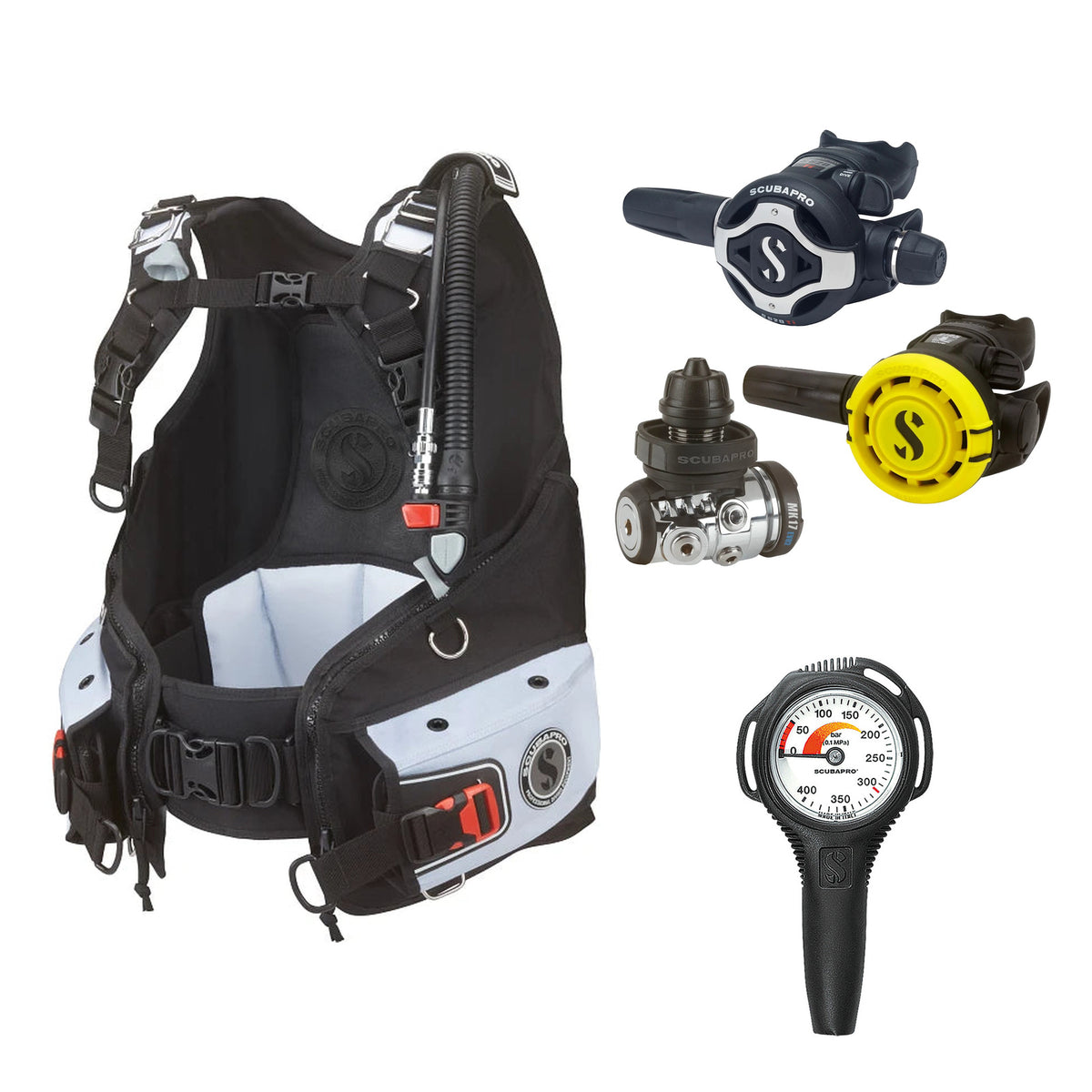 SCUBAPRO MK17 EVO2 / S620Ti regulator set with R105 octopus and Bella BCD, with Compact SPG