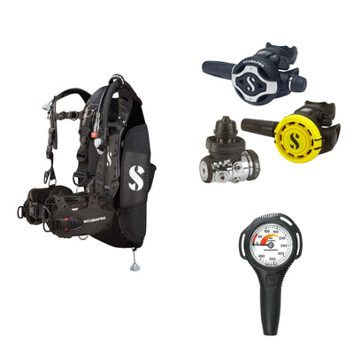 SCUBAPRO MK17 EVO2 / S620Ti regulator set with R105 octopus and Hydros Pro Ladies BCD in black, with Compact SPG