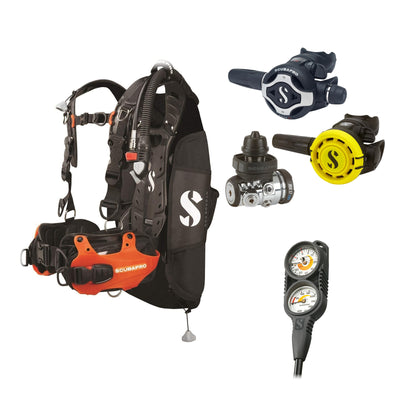 SCUBAPRO MK17 EVO2 / S620Ti regulator set with R105 octopus and Hydros Pro Ladies BCD in orange, with Compact Combo 2