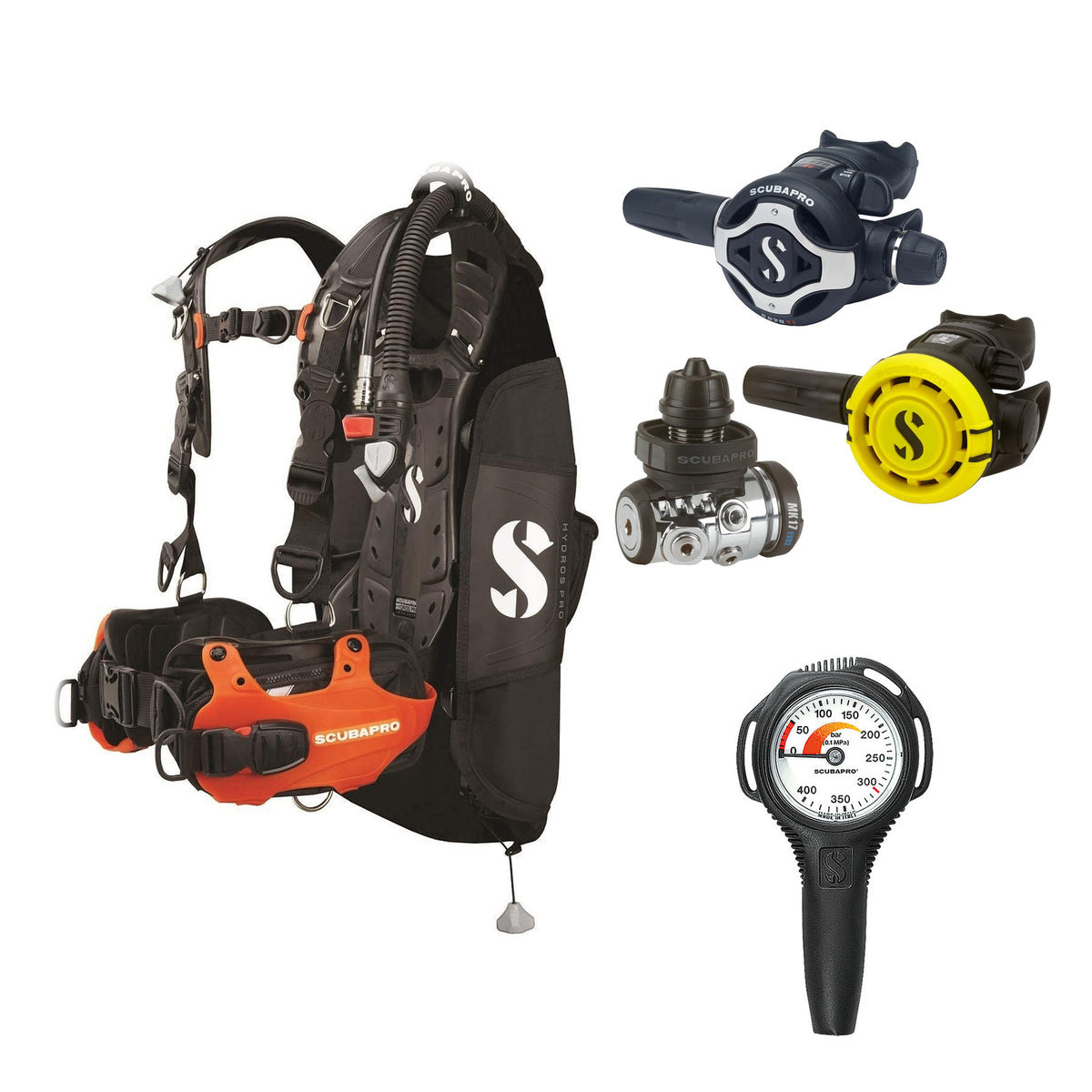 SCUBAPRO MK17 EVO2 / S620Ti regulator set with R105 octopus and Hydros Pro Ladies BCD in orange, with Compact SPG