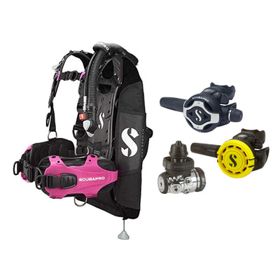 SCUBAPRO MK17 EVO2 / S620Ti regulator set with R105 octopus and Hydros Pro Ladies BCD in pink