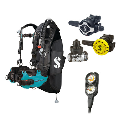 SCUBAPRO MK17 EVO2 / S620Ti regulator set with R105 octopus and Hydros Pro Ladies BCD in turquoise, with Compact Combo 2