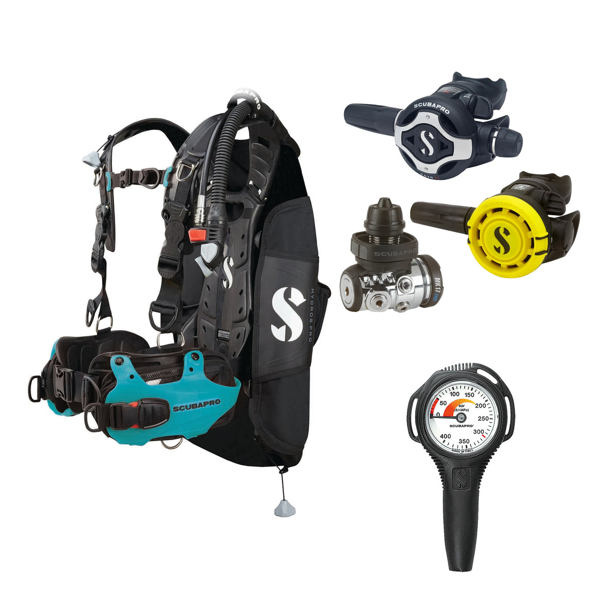 SCUBAPRO MK17 EVO2 / S620Ti regulator set with R105 octopus and Hydros Pro Ladies BCD in turquoise, with Compact SPG