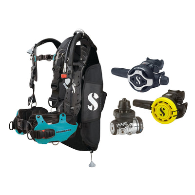 SCUBAPRO MK17 EVO2 / S620Ti regulator set with R105 octopus and Hydros Pro Ladies BCD in turquoise