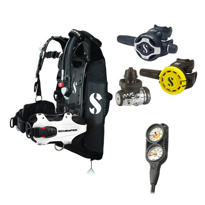 SCUBAPRO MK17 EVO2 / S620Ti regulator set with R105 octopus and Hydros Pro Ladies BCD in white, with Compact Combo 2