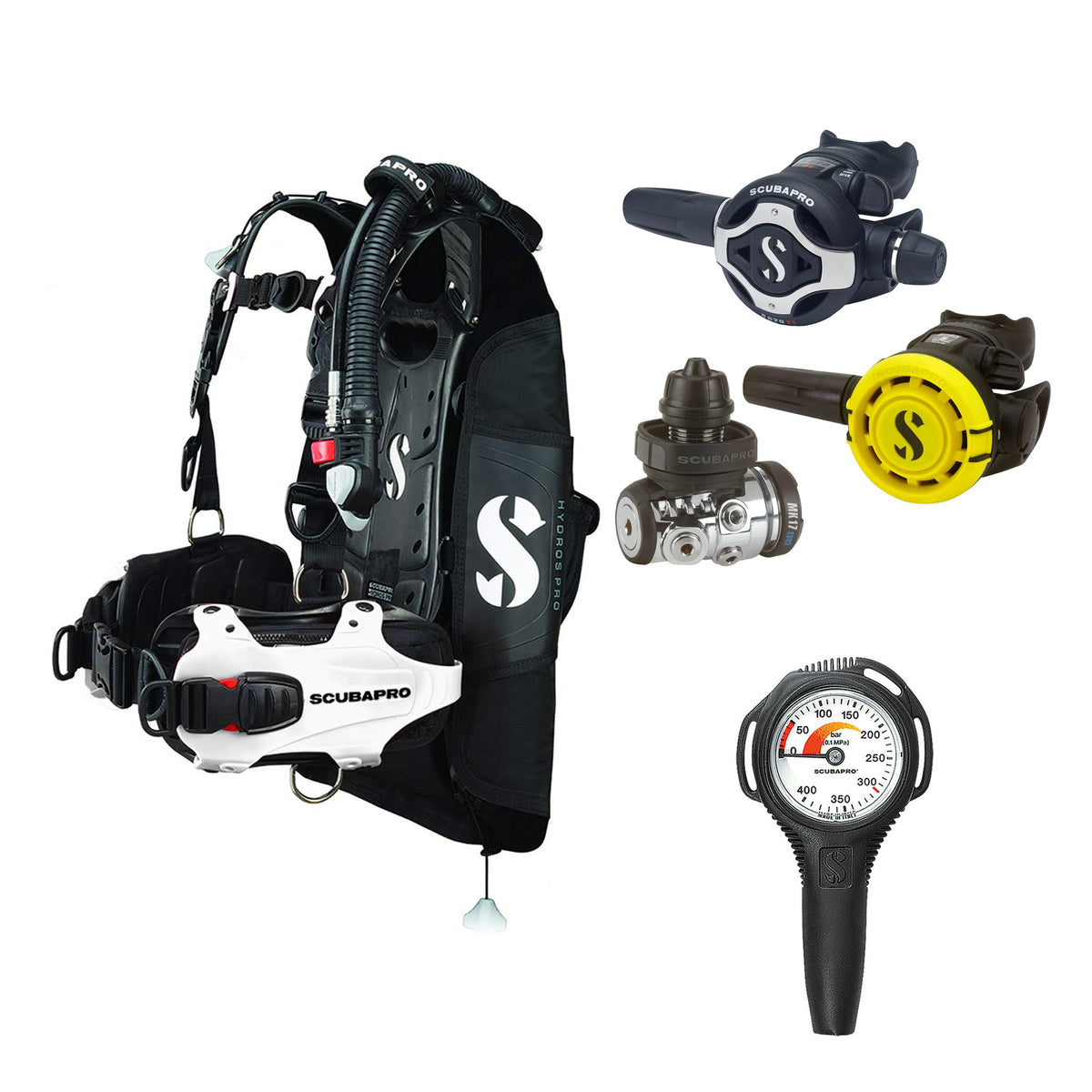 SCUBAPRO MK17 EVO2 / S620Ti regulator set with R105 octopus and Hydros Pro Ladies BCD in white, with Compact SPG