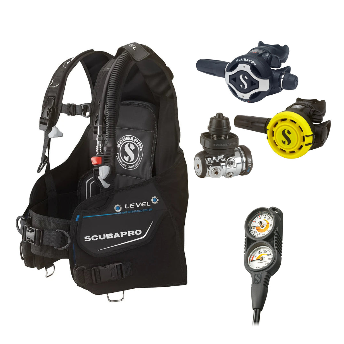 SCUBAPRO MK17 EVO2 / S620Ti regulator set with R105 octopus and Level BCD, with Compact Combo 2