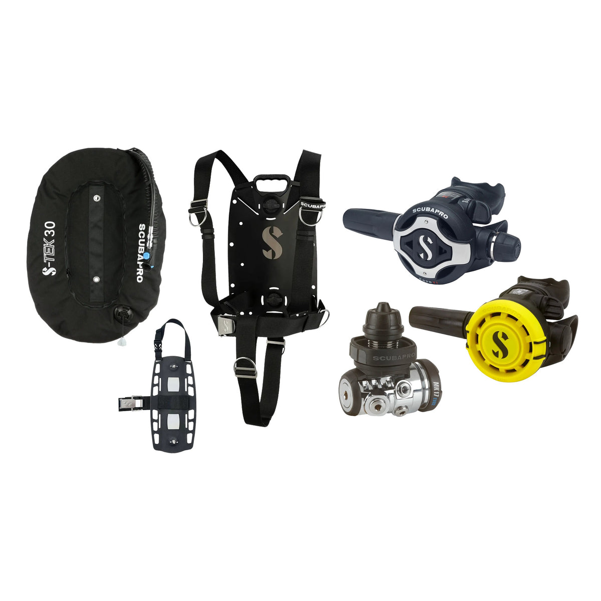 SCUBAPRO MK17 EVO2 / S620Ti regulator set with R105 octopus and S-TEK Pure BCD (stainless steel)