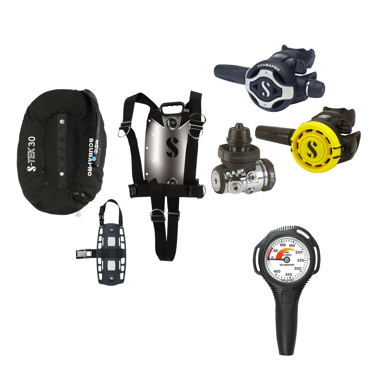 SCUBAPRO MK17 EVO2 / S620Ti regulator set with R105 octopus and S-TEK Pure BCD (stainless steel)