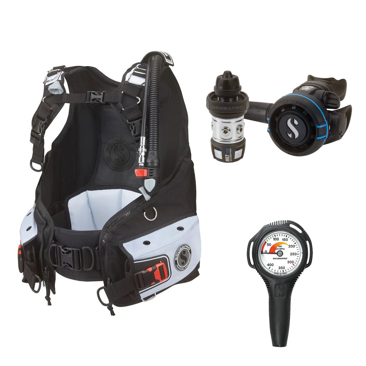 SCUBAPRO MK2 EVO / R105 regulator set with R105 octopus and Bella BCD, with Compact SPG
