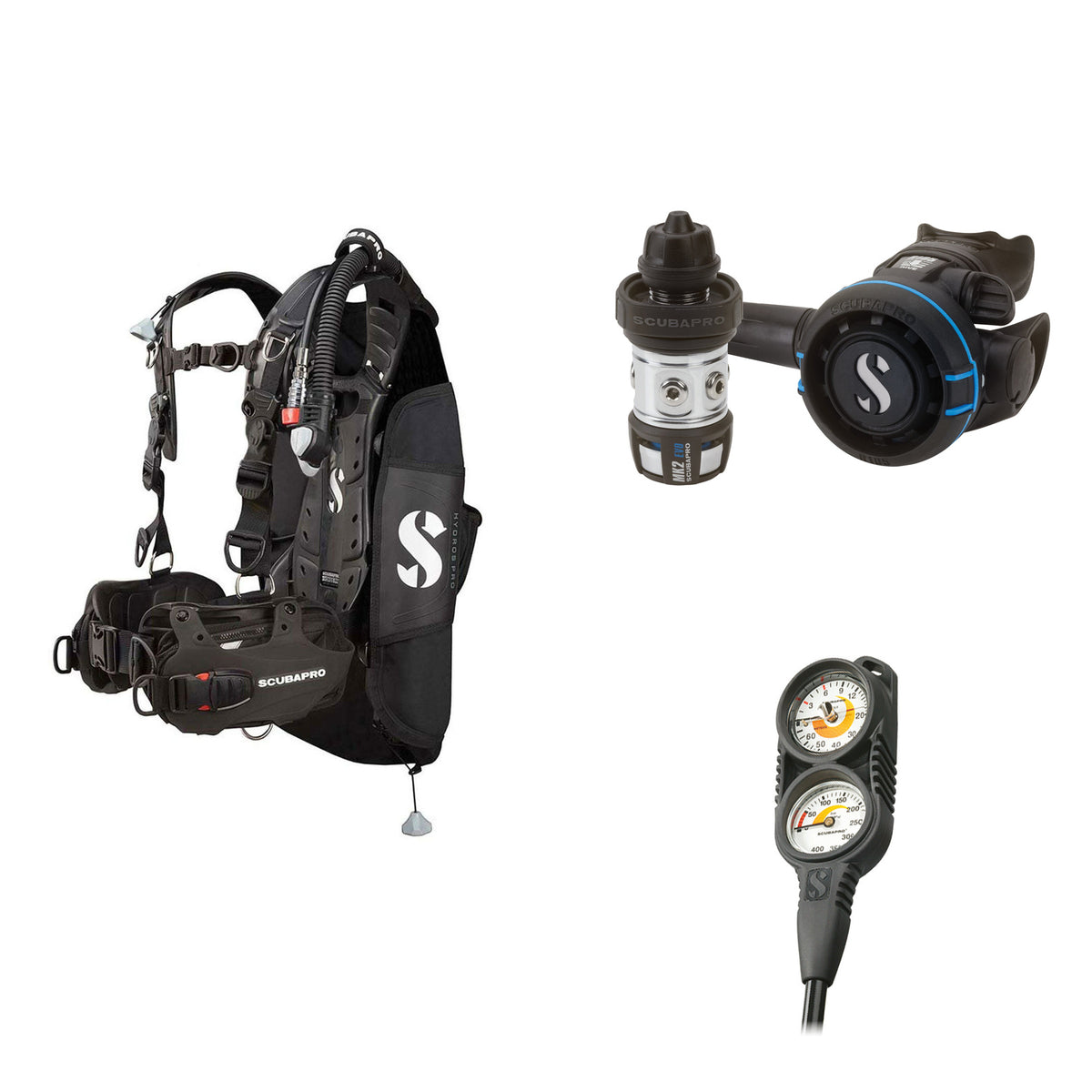 SCUBAPRO MK2 EVO / R105 regulator set with R105 octopus and Hydros Pro Ladies BCD in black, with Compact Combo 2