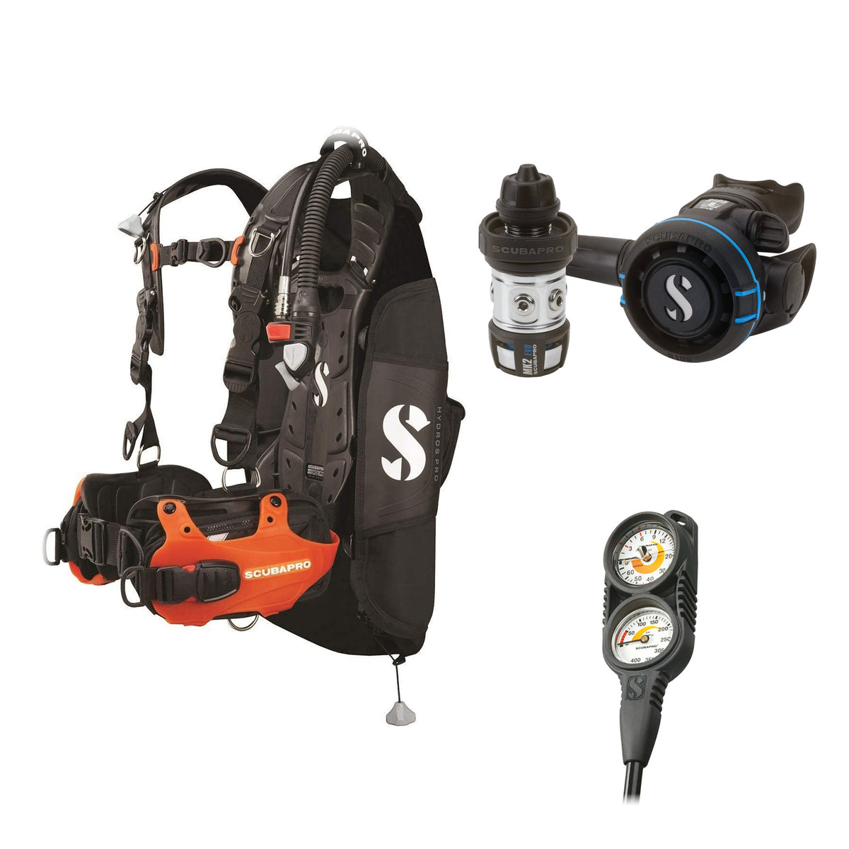 SCUBAPRO MK2 EVO / R105 regulator set with R105 octopus and Hydros Pro Ladies BCD in orange, with Compact Combo 2