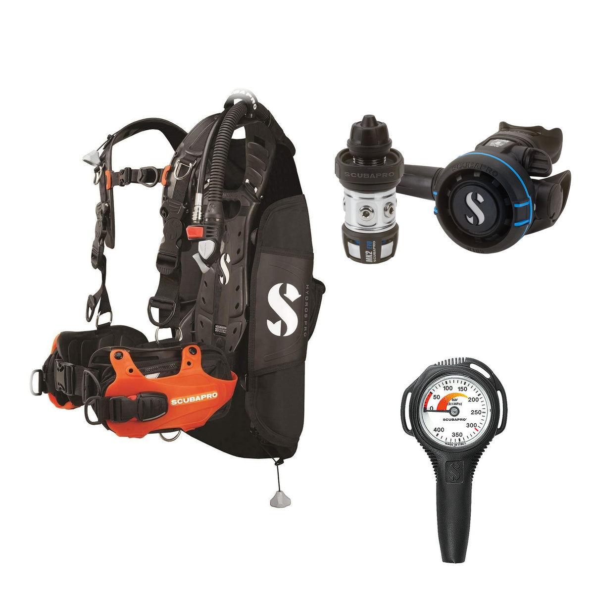 SCUBAPRO MK2 EVO / R105 regulator set with R105 octopus and Hydros Pro Ladies BCD in orange, with Compact SPG