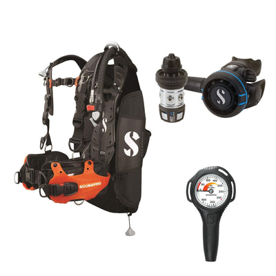 SCUBAPRO MK2 EVO / R105 regulator set with R105 octopus and Hydros Pro Ladies BCD in orange, with Compact SPG