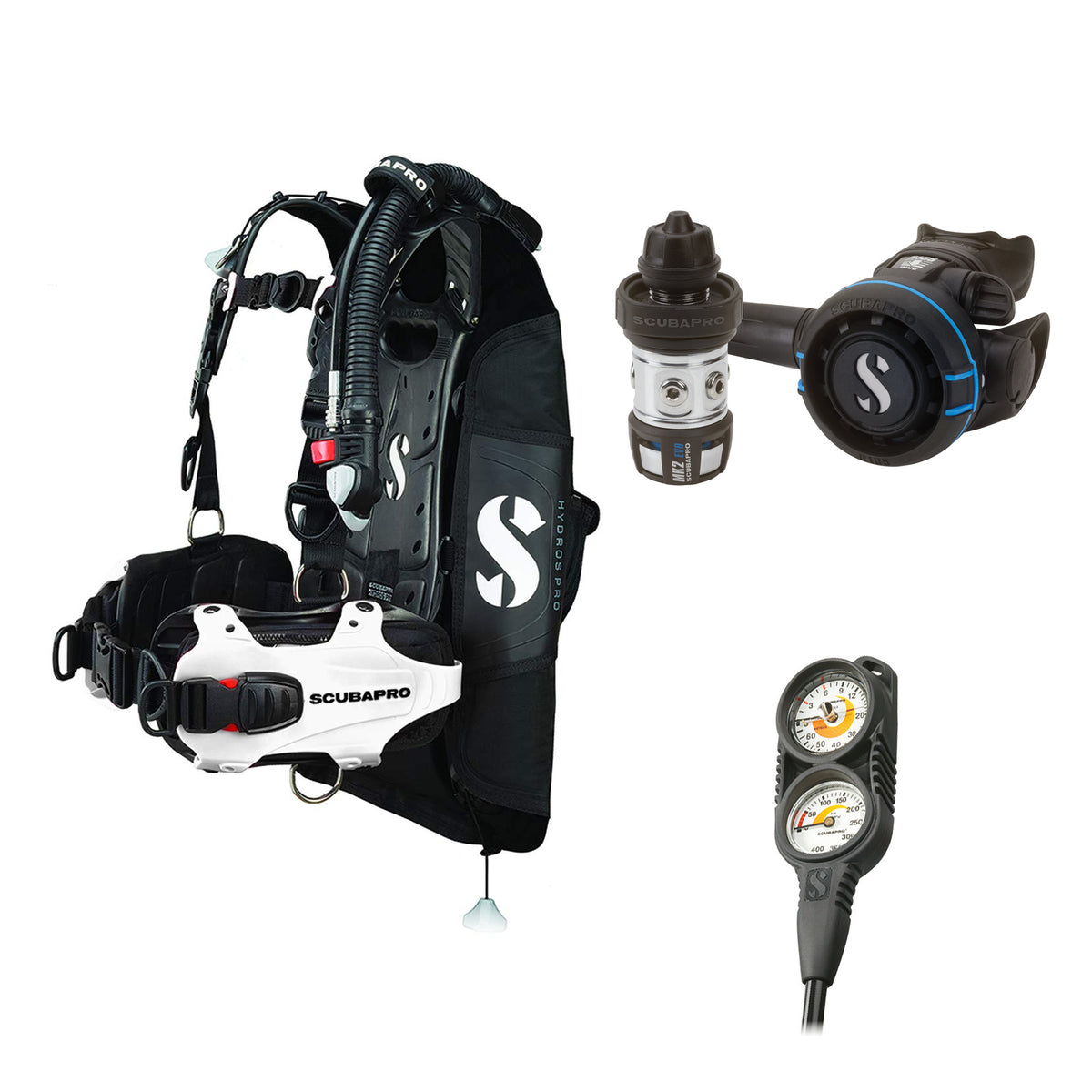 SCUBAPRO MK2 EVO / R105 regulator set with R105 octopus and Hydros Pro Ladies BCD in white, with Compact Combo 2