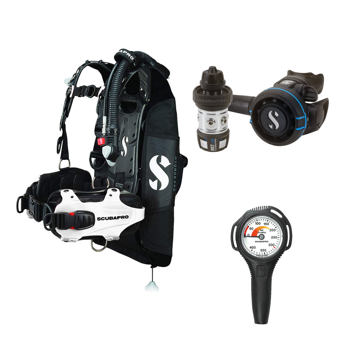 SCUBAPRO MK2 EVO / R105 regulator set with R105 octopus and Hydros Pro Ladies BCD in white, with Compact SPG