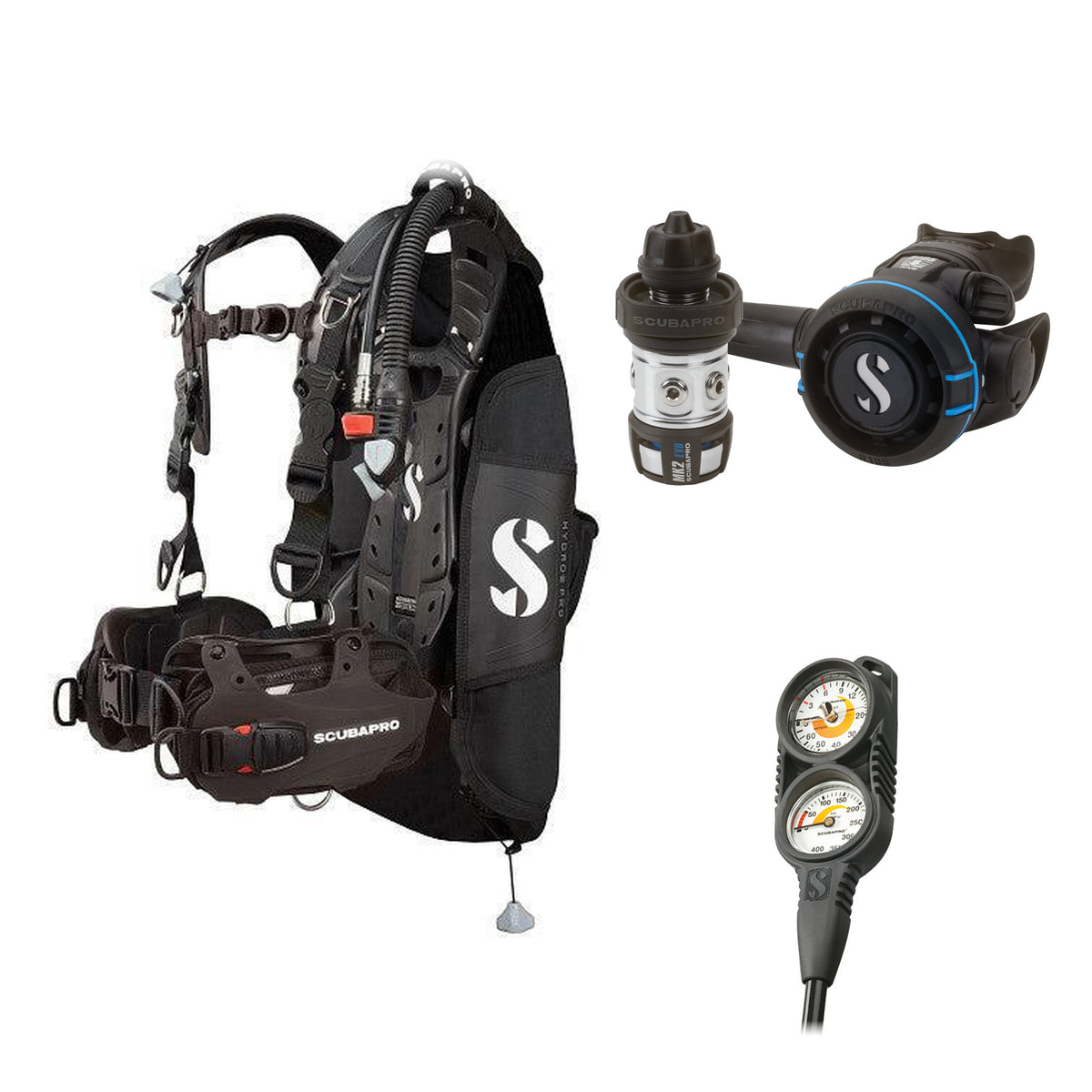 SCUBAPRO MK2 EVO / R105 regulator set with R105 octopus and Hydros Pro Mens BCD in all black, with Compact Combo 2