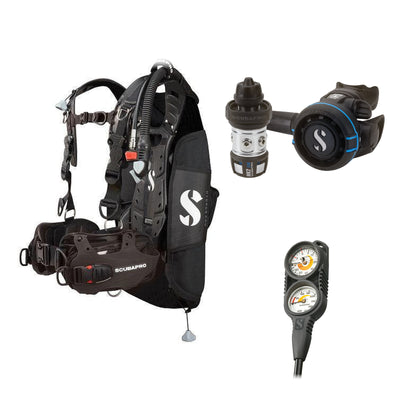 SCUBAPRO MK2 EVO / R105 regulator set with R105 octopus and Hydros Pro Mens BCD in all black, with Compact Combo 2