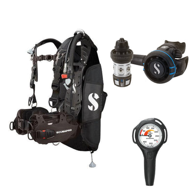 SCUBAPRO MK2 EVO / R105 regulator set with R105 octopus and Hydros Pro Mens BCD in all black, with Compact SPG