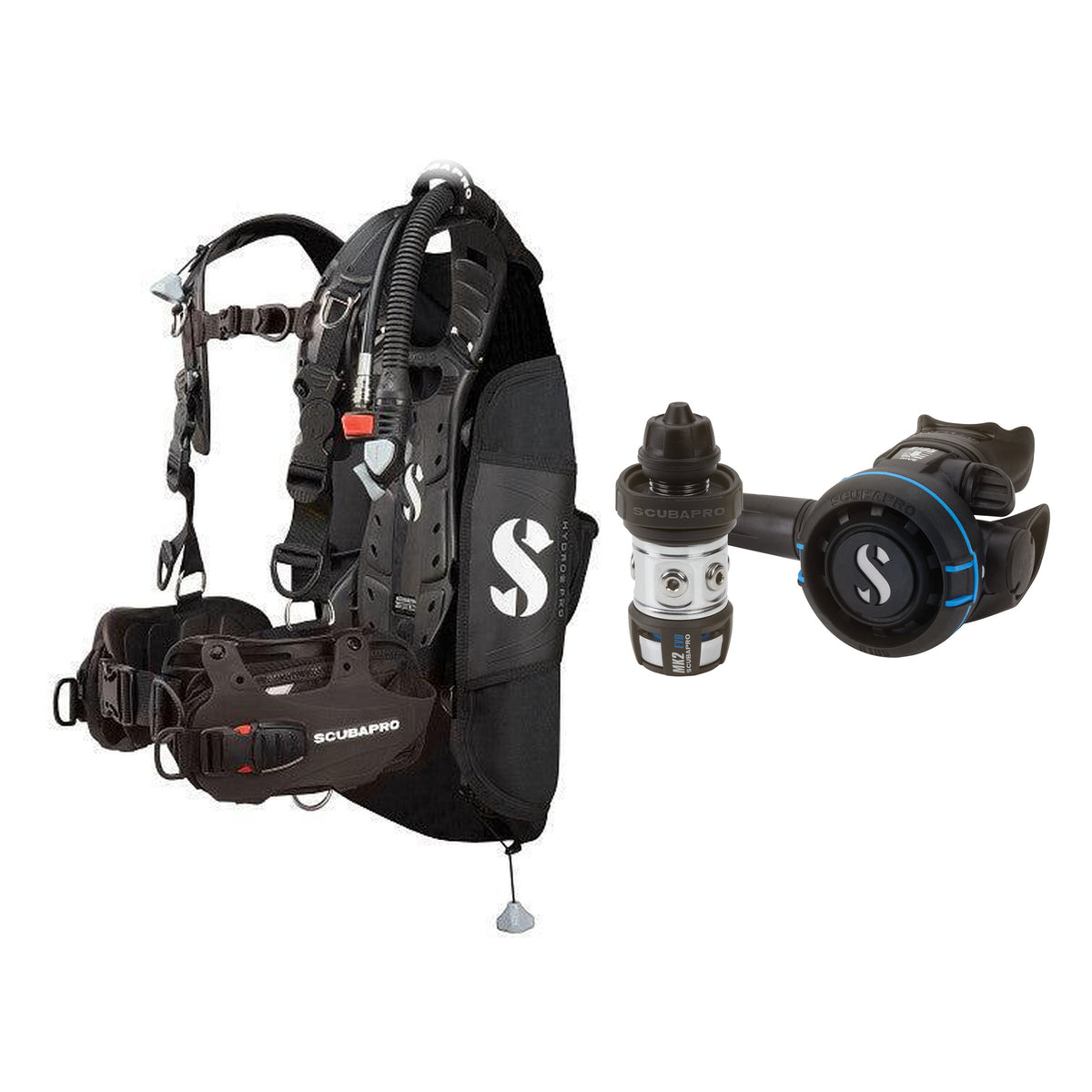 SCUBAPRO MK2 EVO / R105 regulator set with R105 octopus and Hydros Pro Mens BCD in all black