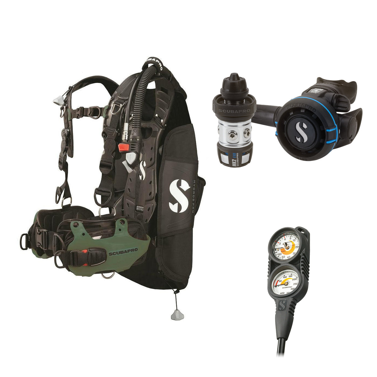 SCUBAPRO MK2 EVO / R105 regulator set with R105 octopus and Hydros Pro Mens BCD in army green, with Compact Combo 2