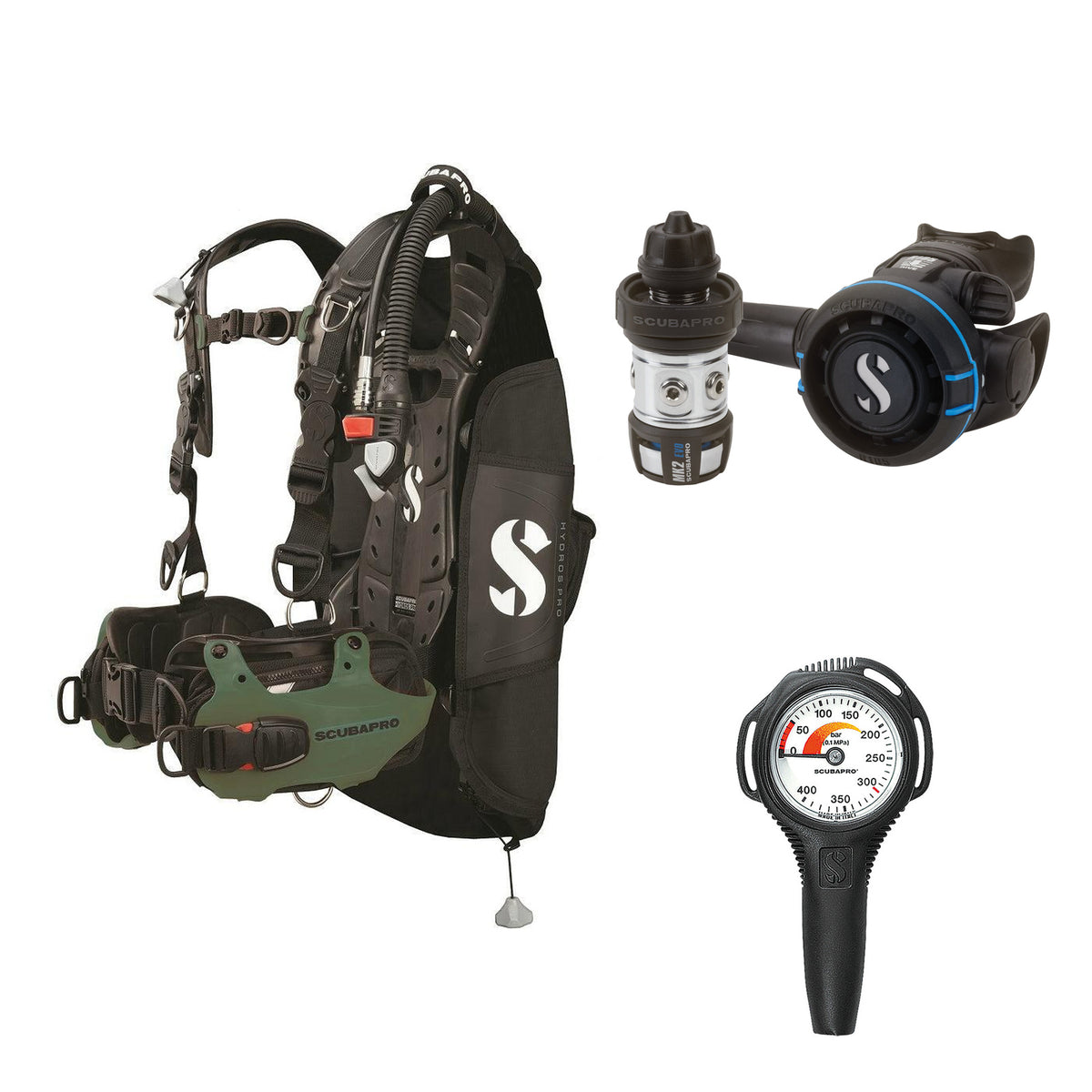 SCUBAPRO MK2 EVO / R105 regulator set with R105 octopus and Hydros Pro Mens BCD in army green, with Compact SPG