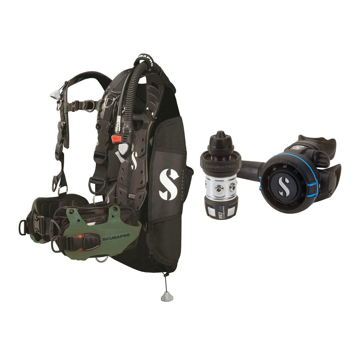 SCUBAPRO MK2 EVO / R105 regulator set with R105 octopus and Hydros Pro Mens BCD in army green