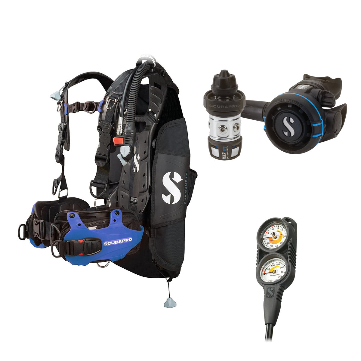 SCUBAPRO MK2 EVO / R105 regulator set with R105 octopus and Hydros Pro Mens BCD in blue, with Compact Combo 2