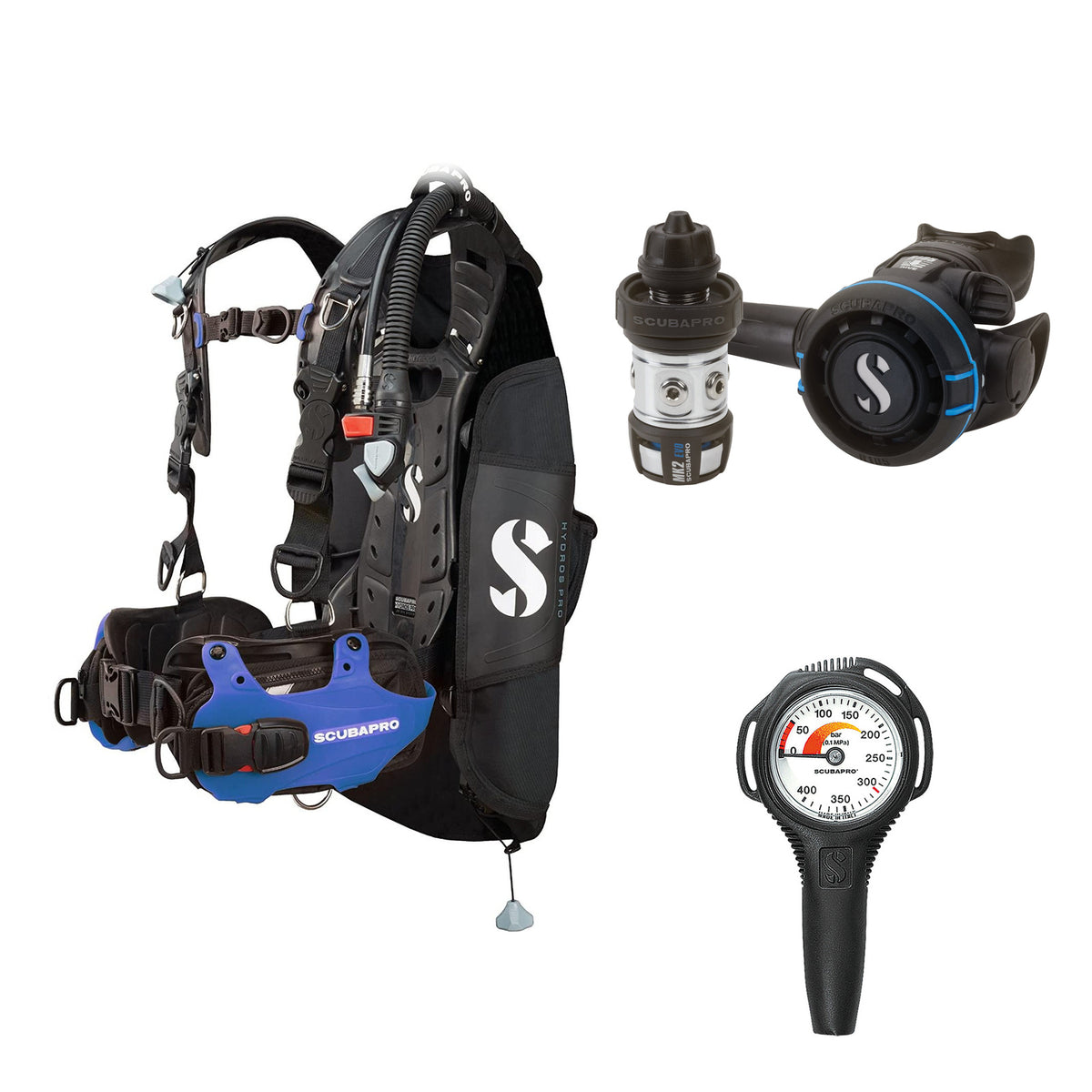 SCUBAPRO MK2 EVO / R105 regulator set with R105 octopus and Hydros Pro Mens BCD in blue, with Compact SPG