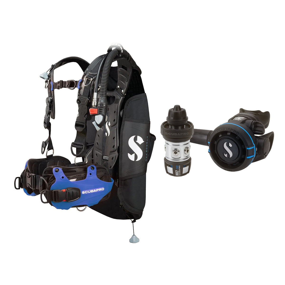 SCUBAPRO MK2 EVO / R105 regulator set with R105 octopus and Hydros Pro Mens BCD in blue